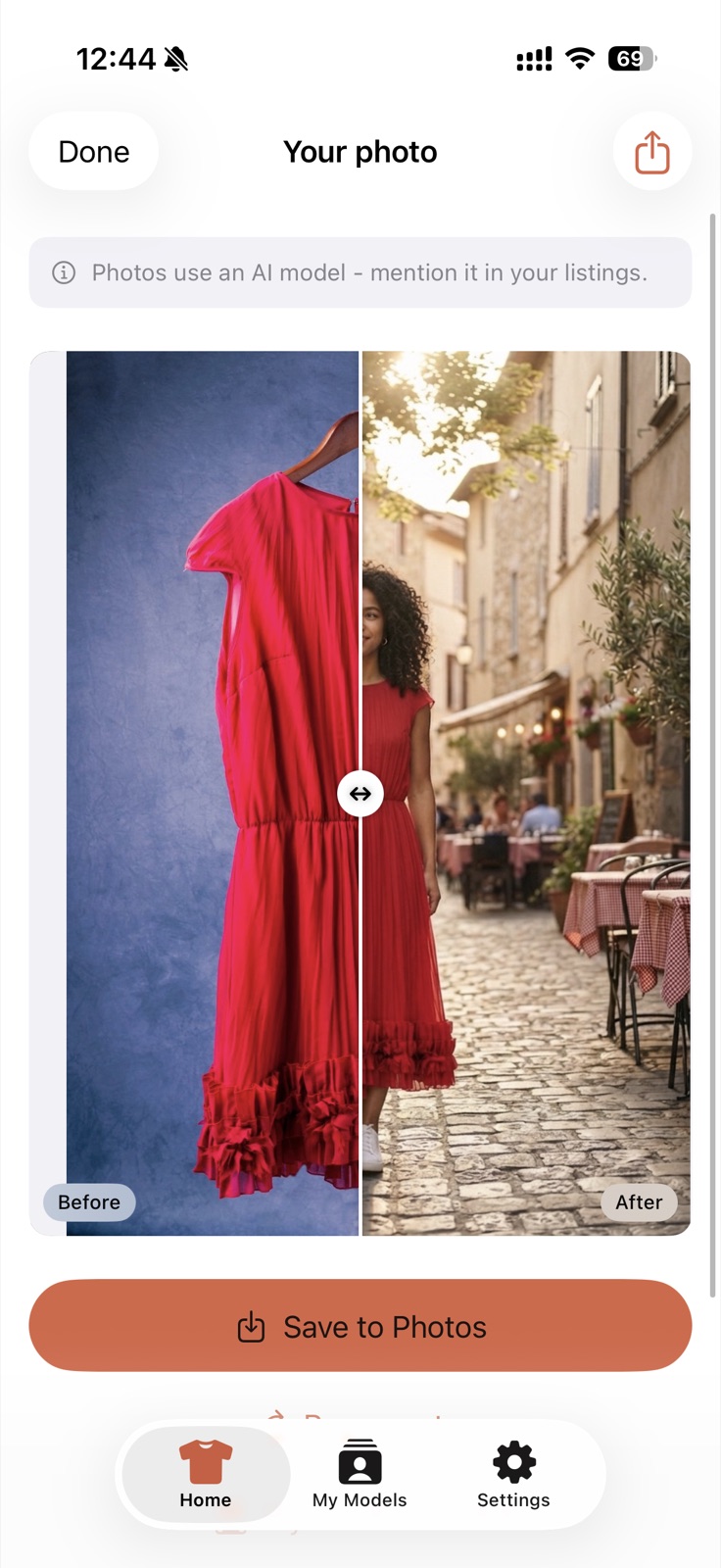 Modella result screen: a red dress on a hanger on the left, the same dress worn by an AI model in a street scene on the right, with a Save to Photos button below.